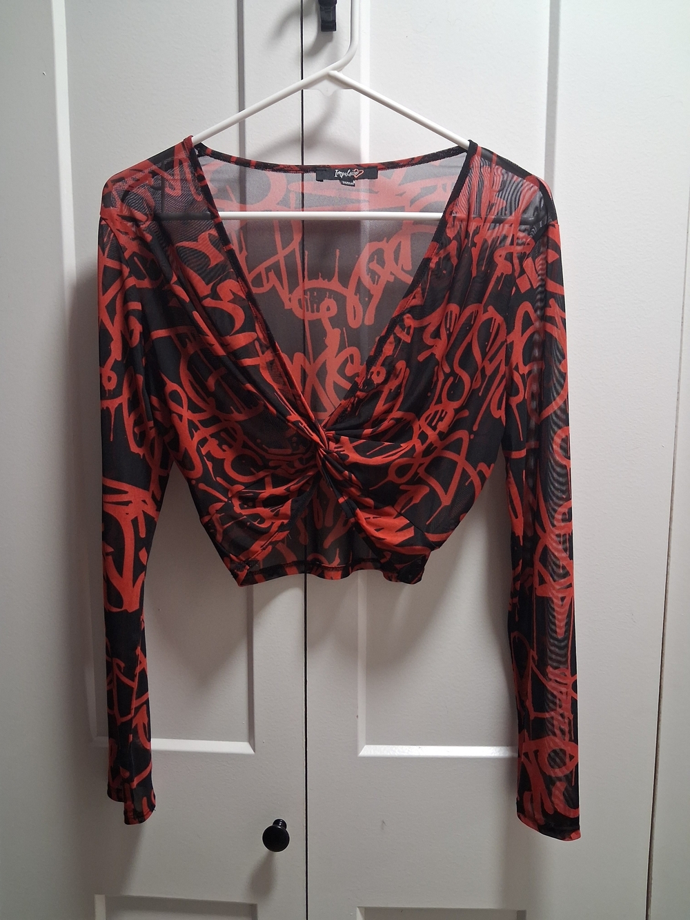 I.AM.GIA Red and Black Graffiti Twist Crop Top